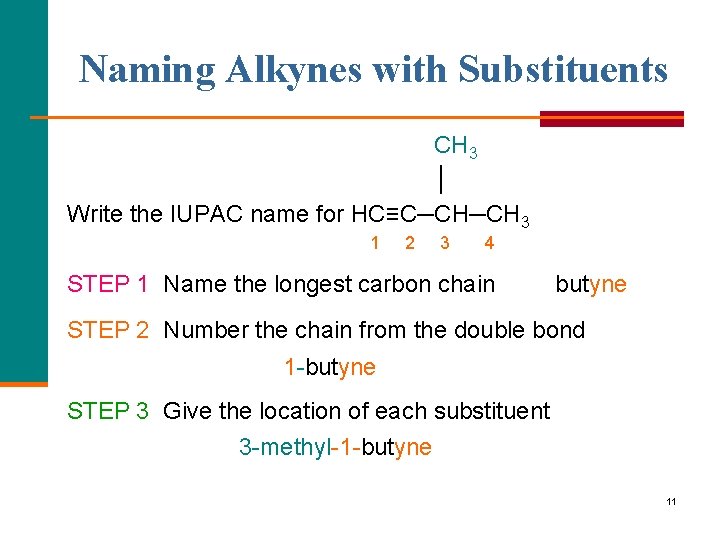 Naming Alkynes with Substituents CH 3 │ Write the IUPAC name for HC≡C─CH─CH 3