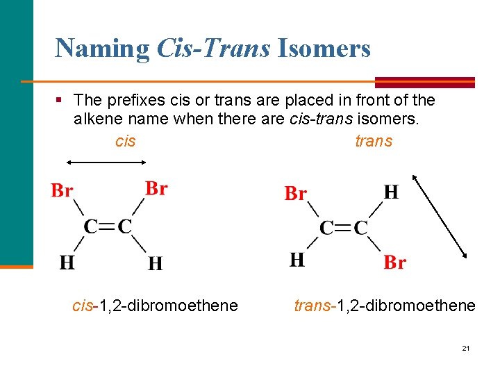 Naming Cis-Trans Isomers § The prefixes cis or trans are placed in front of