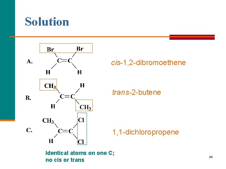 Solution cis 1, 2 dibromoethene trans-2 butene 1, 1 dichloropropene Identical atoms on one