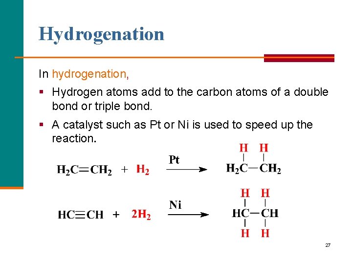 Hydrogenation In hydrogenation, § Hydrogen atoms add to the carbon atoms of a double