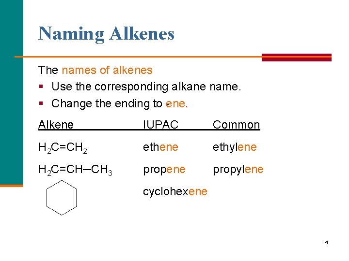 Naming Alkenes The names of alkenes § Use the corresponding alkane name. § Change