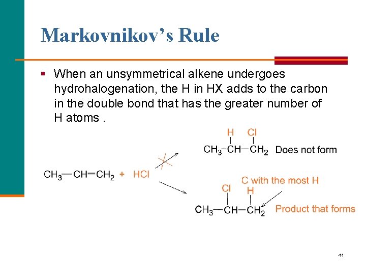 Markovnikov’s Rule § When an unsymmetrical alkene undergoes hydrohalogenation, the H in HX adds