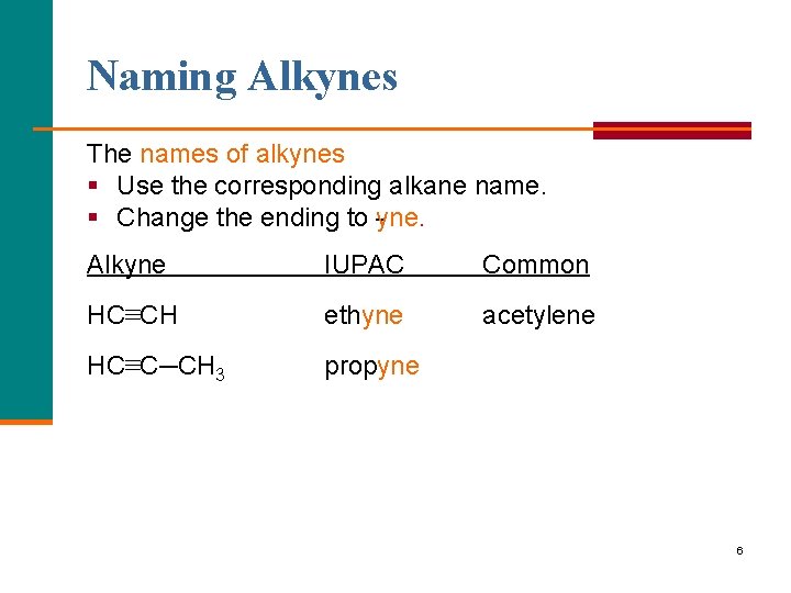 Naming Alkynes The names of alkynes § Use the corresponding alkane name. § Change