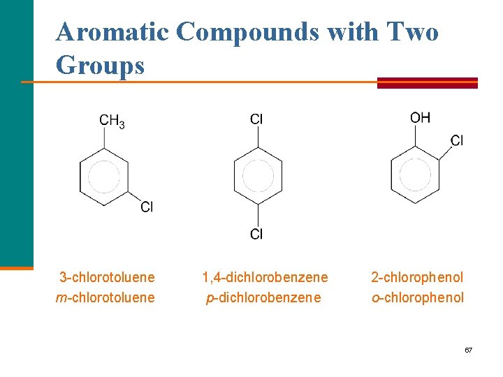 Aromatic Compounds with Two Groups 3 chlorotoluene m-chlorotoluene 1, 4 dichlorobenzene p dichlorobenzene 2