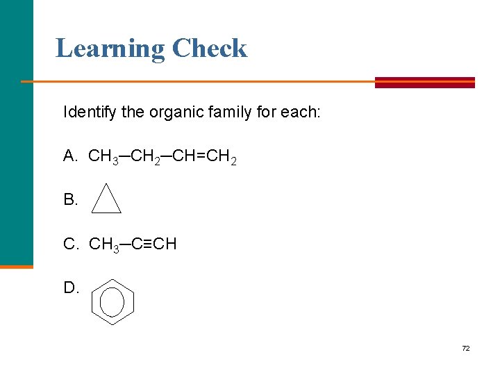 Learning Check Identify the organic family for each: A. CH 3─CH 2─CH=CH 2 B.