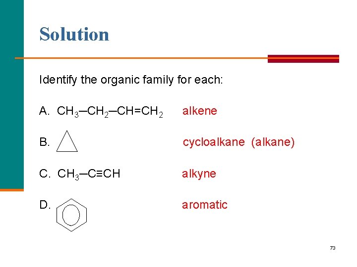 Solution Identify the organic family for each: A. CH 3─CH 2─CH=CH 2 alkene B.