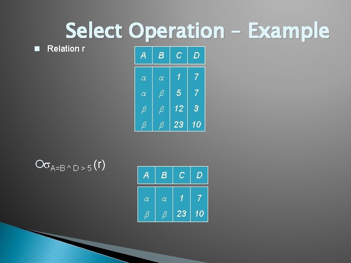 Select Operation – Example n Relation r ¡ A=B ^ D > 5 (r)