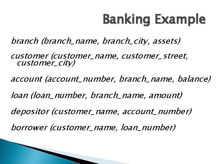 Banking Example branch (branch_name, branch_city, assets) customer (customer_name, customer_street, customer_city) account (account_number, branch_name, balance)