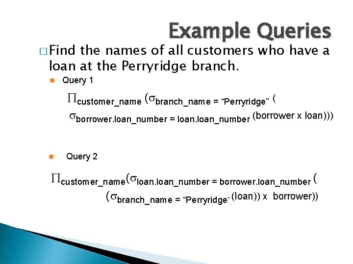 � Find Example Queries the names of all customers who have a loan at
