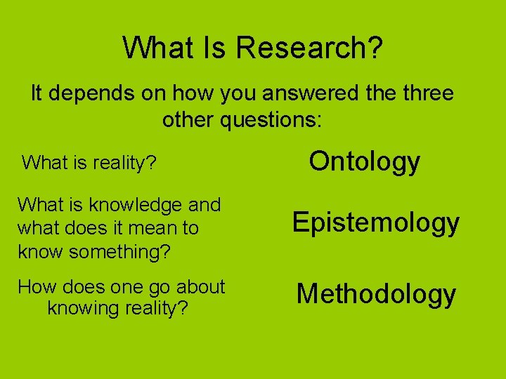 What Is Research? It depends on how you answered the three other questions: What