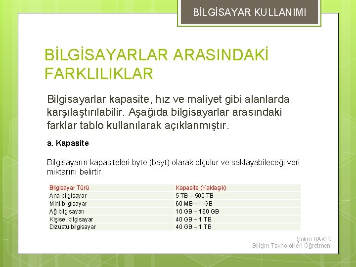 BİLGİSAYAR KULLANIMI BİLGİSAYARLAR ARASINDAKİ FARKLILIKLAR Bilgisayarlar kapasite, hız ve maliyet gibi alanlarda karşılaştırılabilir. Aşağıda