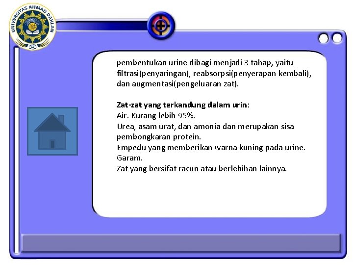 pembentukan urine dibagi menjadi 3 tahap, yaitu filtrasi(penyaringan), reabsorpsi(penyerapan kembali), dan augmentasi(pengeluaran zat). Zat-zat