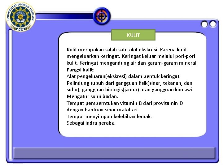 KULIT Kulit merupakan salah satu alat ekskresi. Karena kulit mengeluarkan keringat. Keringat keluar melalui