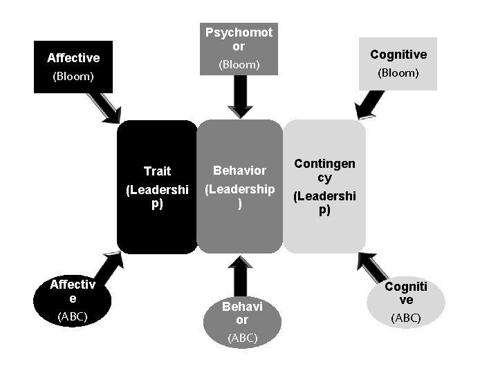 Psychomot or (Bloom) Affective (Bloom) Affectiv e (ABC) Trait Behavior (Leadershi p) (Leadership )