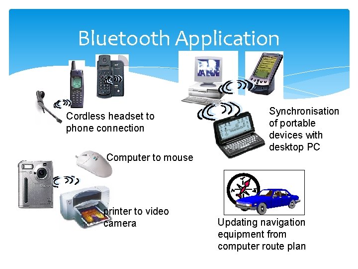 Bluetooth Application Cordless headset to phone connection Computer to mouse printer to video camera