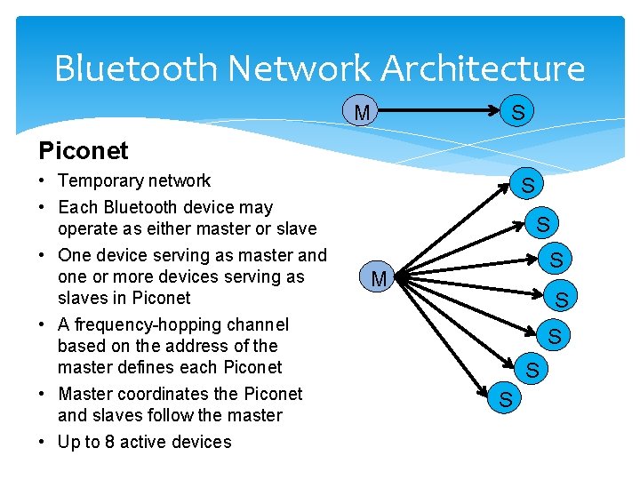 Bluetooth Network Architecture M S Piconet • Temporary network • Each Bluetooth device may