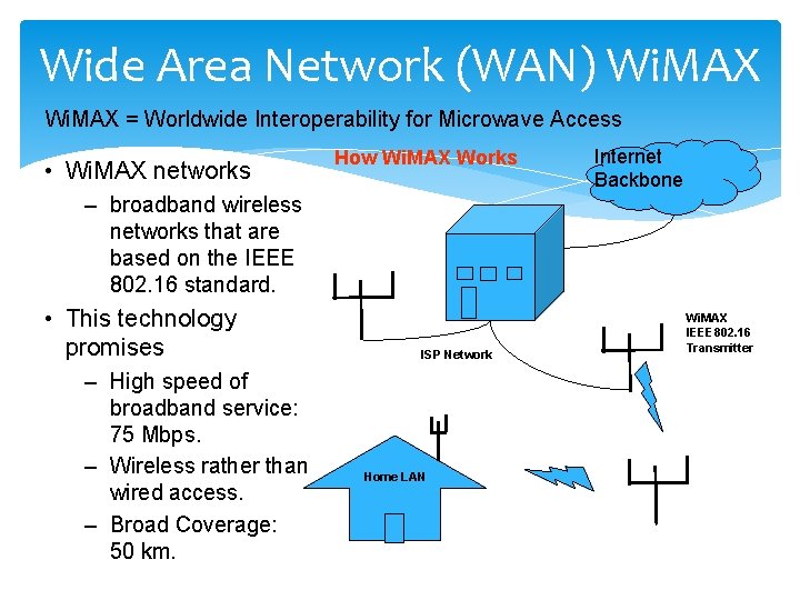 Wide Area Network (WAN) Wi. MAX = Worldwide Interoperability for Microwave Access • Wi.