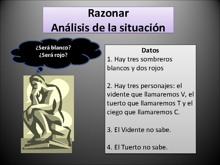 Razonar Análisis de la situación ¿Será blanco? Blanco¿se ¿Será rojo? Datos 1. Hay tres