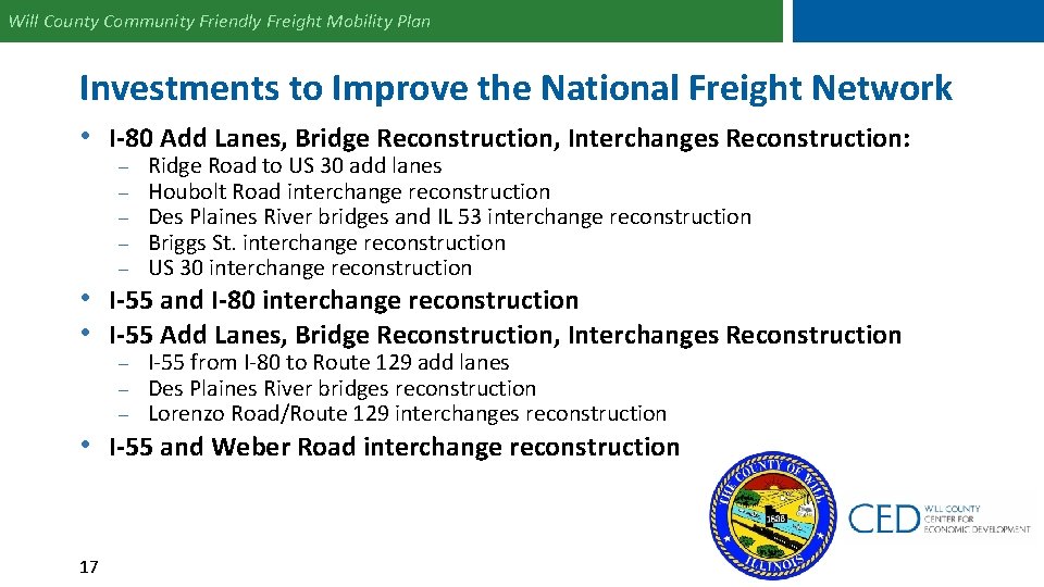 Will County Community Friendly Freight Mobility Plan Investments to Improve the National Freight Network