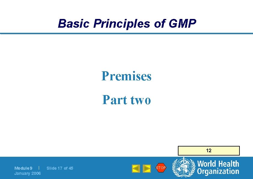 Basic Principles of GMP Premises Part two 12 Module 9 | January 2006 Slide