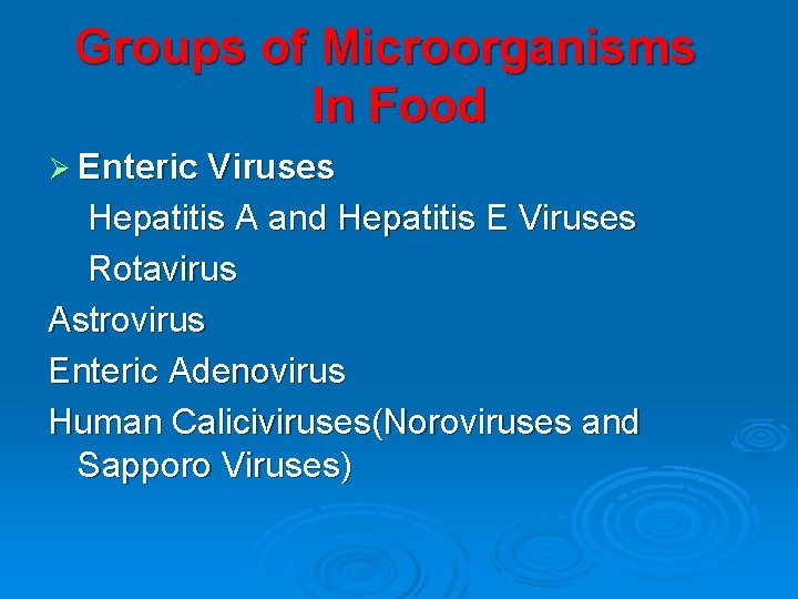 Groups of Microorganisms In Food Ø Enteric Viruses Hepatitis A and Hepatitis E Viruses