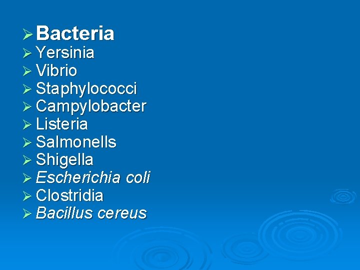 Ø Bacteria Ø Yersinia Ø Vibrio Ø Staphylococci Ø Campylobacter Ø Listeria Ø Salmonells