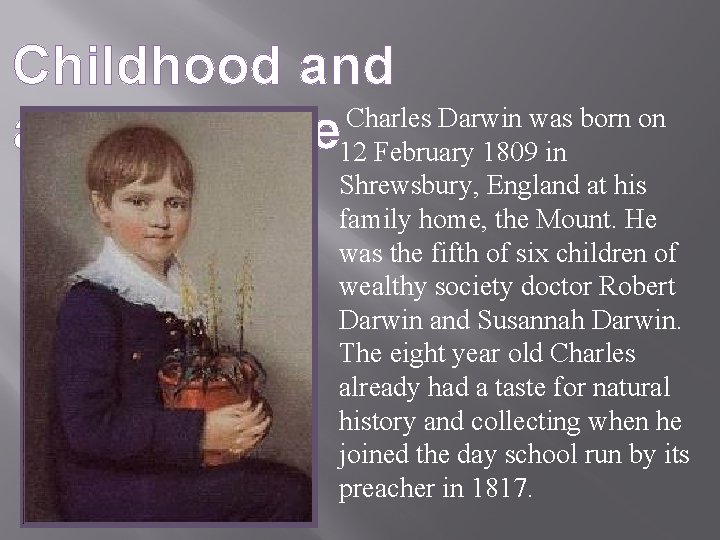 Childhood and Charles Darwin was born on adolescence 12 February 1809 in Shrewsbury, England