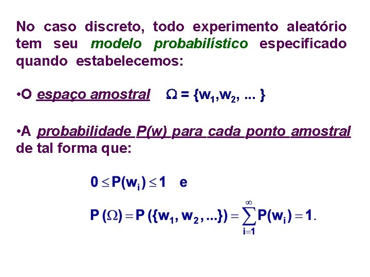 No caso discreto, discreto todo experimento aleatório tem seu modelo probabilístico especificado quando estabelecemos: