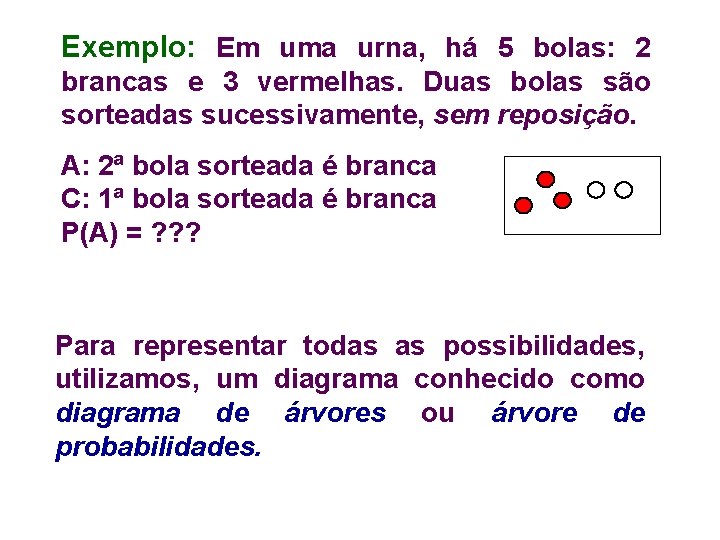 Exemplo: Em uma urna, há 5 bolas: 2 brancas e 3 vermelhas. Duas bolas