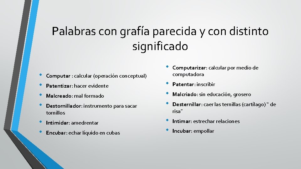 Palabras con grafía parecida y con distinto significado • • Computar : calcular (operación