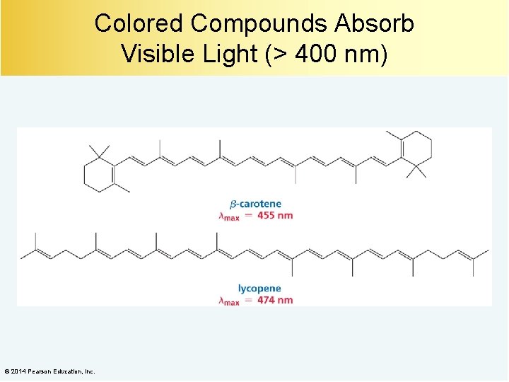 Colored Compounds Absorb Visible Light (> 400 nm) © 2014 Pearson Education, Inc. 