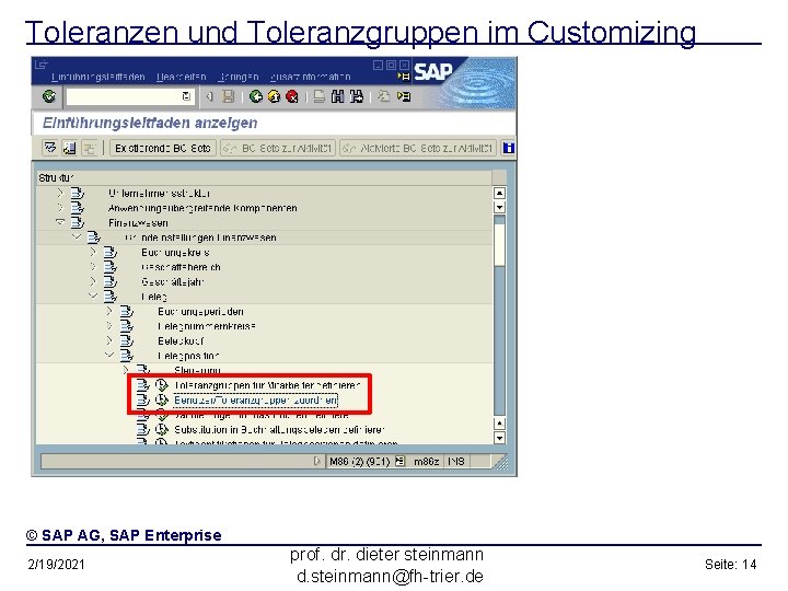 Toleranzen und Toleranzgruppen im Customizing © SAP AG, SAP Enterprise 2/19/2021 prof. dr. dieter