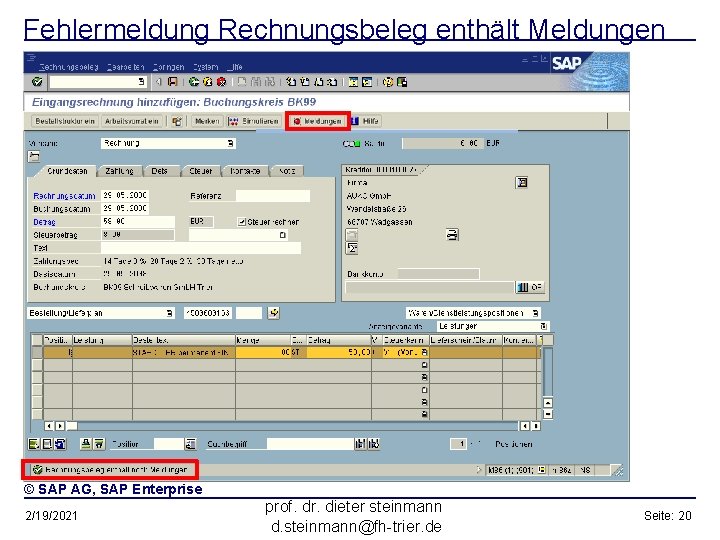 Fehlermeldung Rechnungsbeleg enthält Meldungen © SAP AG, SAP Enterprise 2/19/2021 prof. dr. dieter steinmann