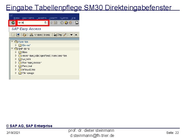 Eingabe Tabellenpflege SM 30 Direkteingabefenster © SAP AG, SAP Enterprise 2/19/2021 prof. dr. dieter