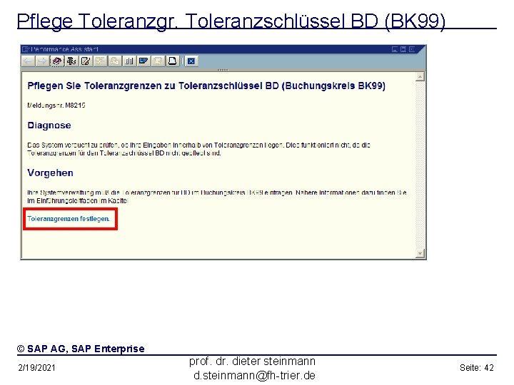 Pflege Toleranzgr. Toleranzschlüssel BD (BK 99) © SAP AG, SAP Enterprise 2/19/2021 prof. dr.