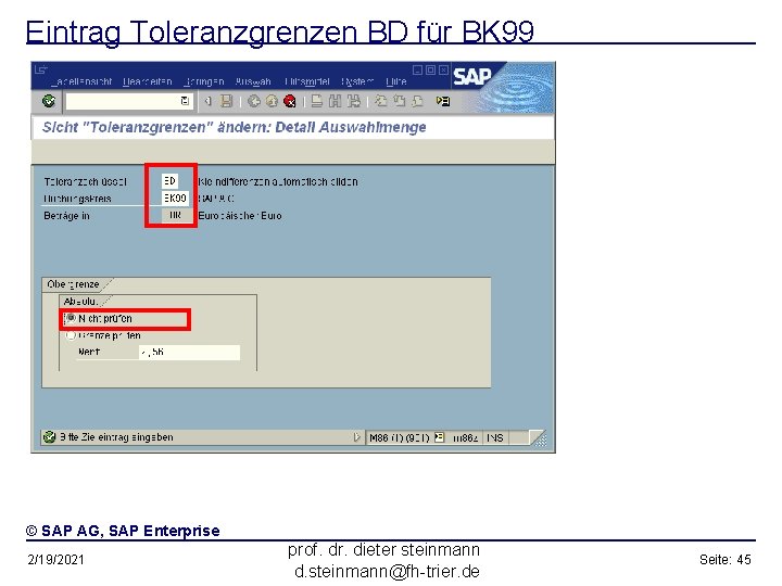 Eintrag Toleranzgrenzen BD für BK 99 © SAP AG, SAP Enterprise 2/19/2021 prof. dr.