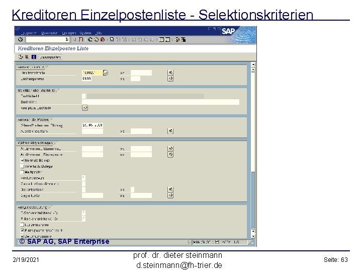 Kreditoren Einzelpostenliste - Selektionskriterien © SAP AG, SAP Enterprise 2/19/2021 prof. dr. dieter steinmann