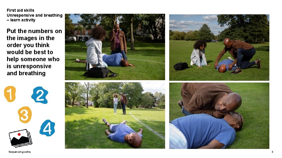 First aid skills Unresponsive and breathing – learn activity Put the numbers on the First aid skills Unresponsive and breathing – learn activity Put the numbers on the