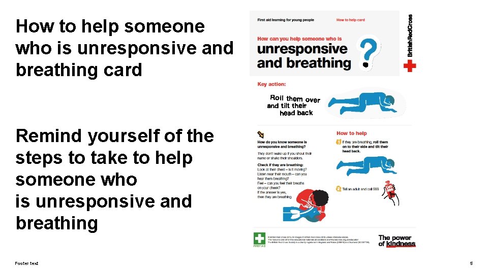 How to help someone who is unresponsive and breathing card Remind yourself of the How to help someone who is unresponsive and breathing card Remind yourself of the