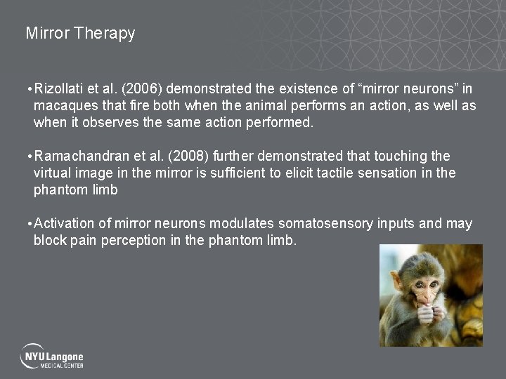 Mirror Therapy • Rizollati et al. (2006) demonstrated the existence of “mirror neurons” in