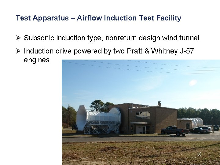 Test Apparatus – Airflow Induction Test Facility Ø Subsonic induction type, nonreturn design wind