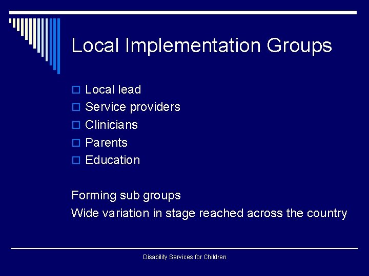Local Implementation Groups o Local lead o Service providers o Clinicians o Parents o Local Implementation Groups o Local lead o Service providers o Clinicians o Parents o