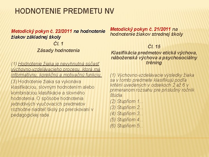 HODNOTENIE PREDMETU NV Metodický pokyn č. 22/2011 na hodnotenie Metodický pokyn č. 21/2011 na