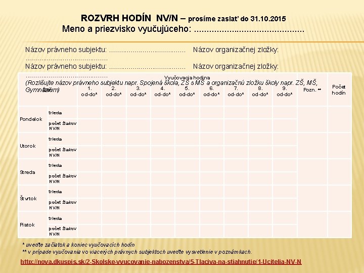 ROZVRH HODÍN NV/N – prosíme zaslať do 31. 10. 2015 Meno a priezvisko vyučujúceho: