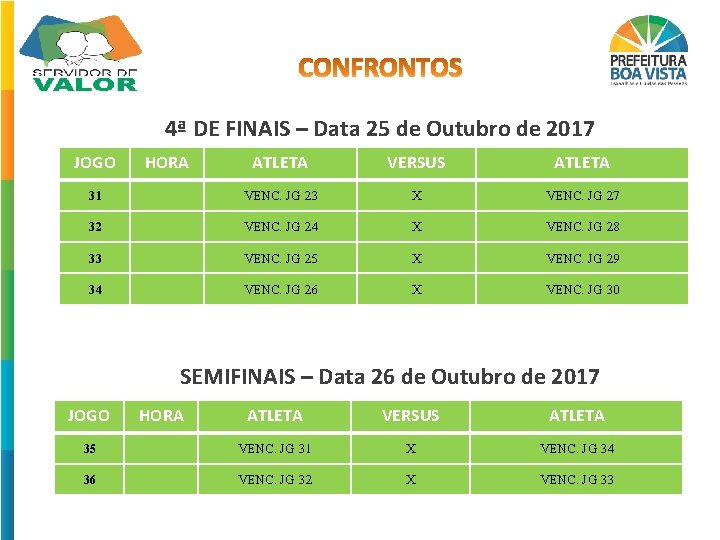 4ª DE FINAIS – Data 25 de Outubro de 2017 JOGO HORA ATLETA VERSUS