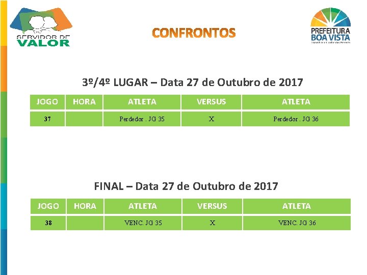 3º/4º LUGAR – Data 27 de Outubro de 2017 JOGO HORA 37 ATLETA VERSUS