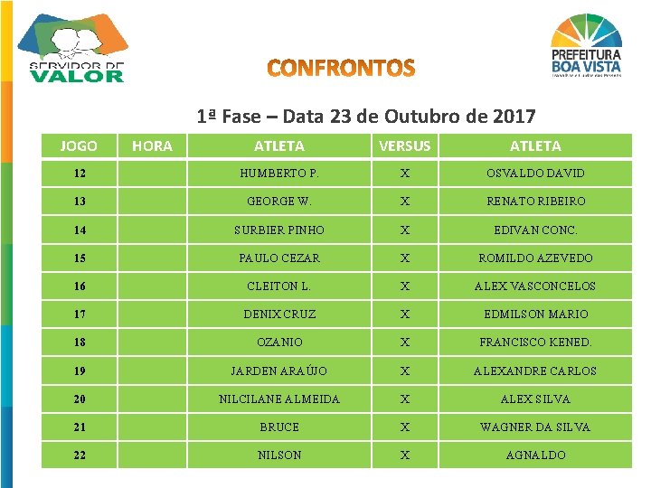 1ª Fase – Data 23 de Outubro de 2017 JOGO HORA ATLETA VERSUS ATLETA