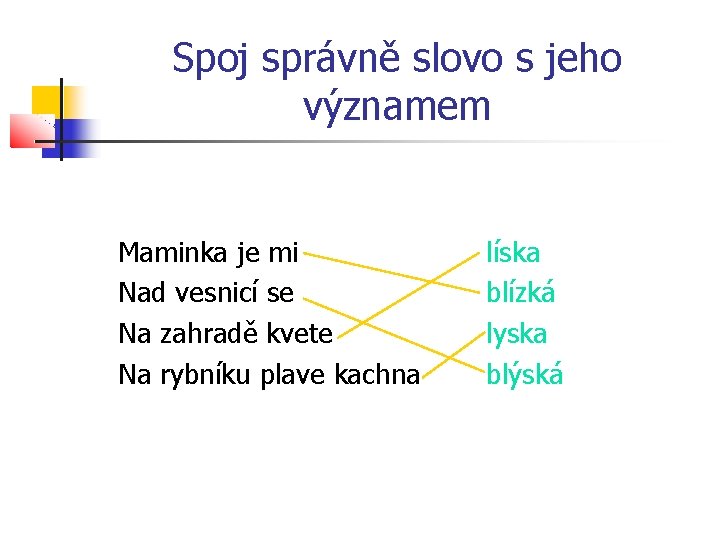 Spoj správně slovo s jeho významem Maminka je mi Nad vesnicí se Na zahradě