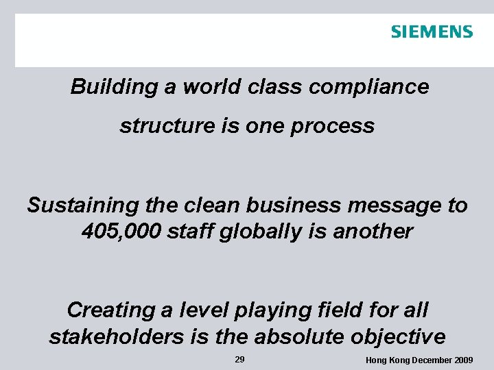 Building a world class compliance structure is one process Sustaining the clean business message