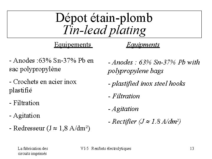 Dépot étain-plomb Tin-lead plating Equipements Equipments - Anodes : 63% Sn-37% Pb en sac